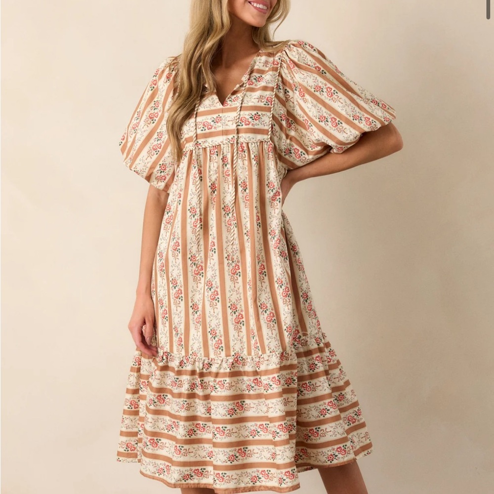 Red Dress Cool Traces Camel Puff Sleeve Midi Dress - 100% Cotton